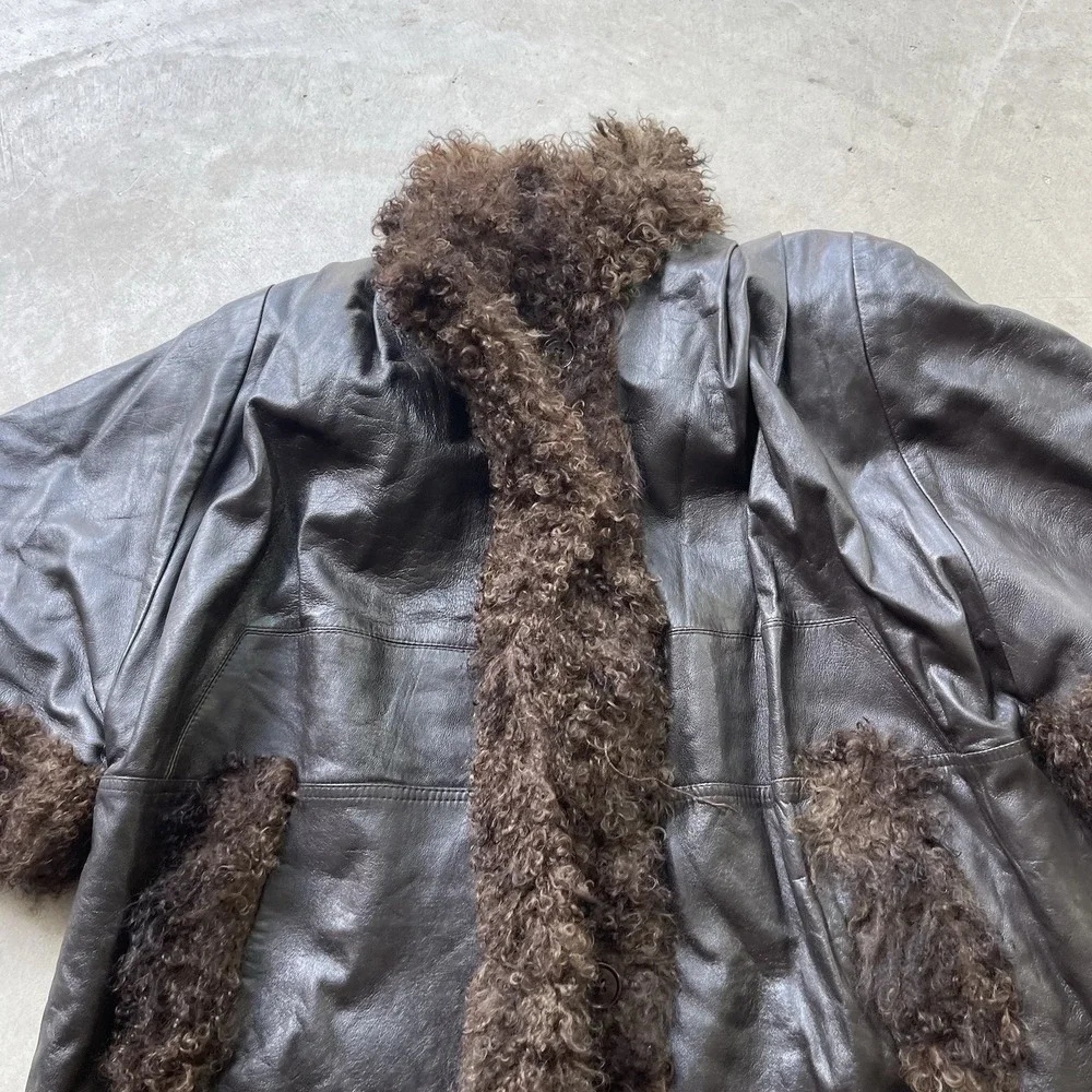 Vintage Tibetan Lamb Fur Trim Leather Coat Oversized Black Leather Size Large - Picture 2 of 8